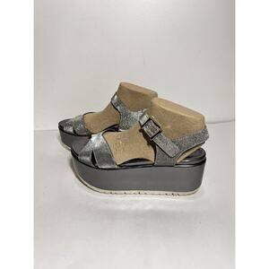 Stuart Weitzman EUC Silver Glitter Crosspath Flatform Platform Sandal Shoe 8.5